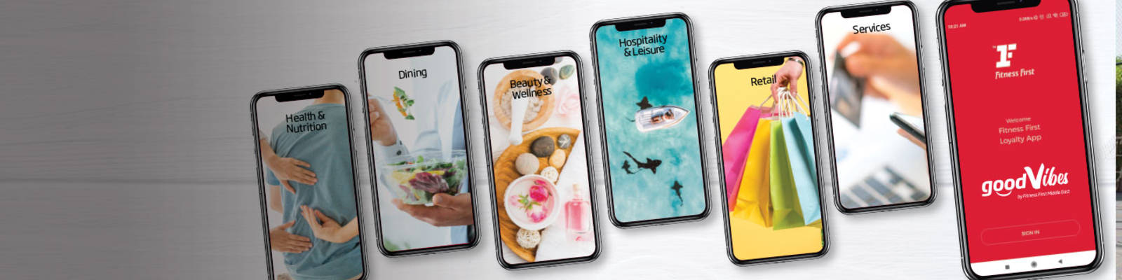 smartphones showing different pages of Good Vibes application